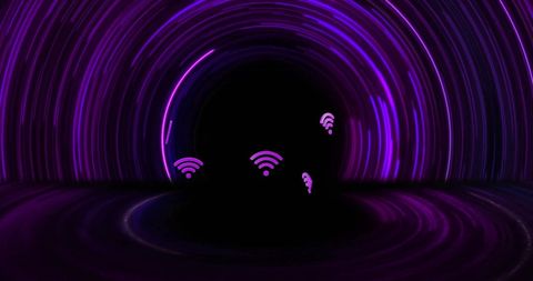 Neon light tunnel with wifi symbols: digital connectivity concept