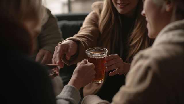 Friends passing pint glass at cozy pub sharing toast and smartphone in knit sweaters