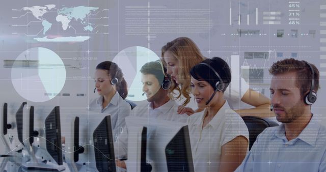 Team of Operators at Work in Call Center Setup with Digital Interface Overlay - Download Free Stock Images Pikwizard.com