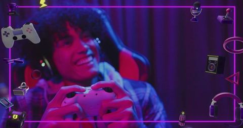 Smiling gamer streaming with white controller and headset in neon rgb gaming overlay