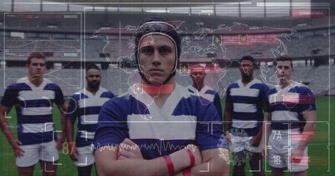 Rugby Team with Futuristic World Map Overlay Displays Unity and Competition