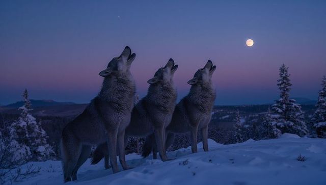 Howling trio of gray wolves under full moon on snowy ridge at twilight