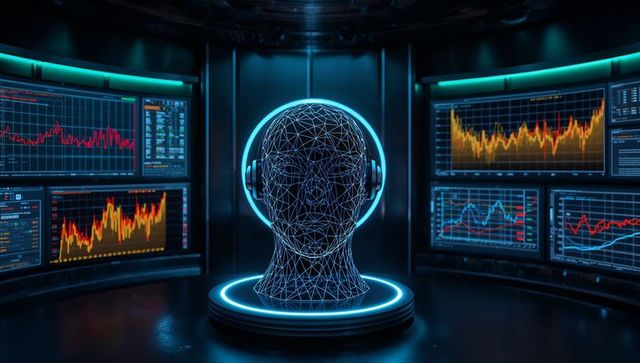 Futuristic digital head model with neon data graphs