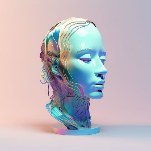 Close up of blue woman's face sculpture on purple background, created using generative ai technology. Art and modern abstract face sculpture design concept digitally generated image.