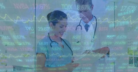 Doctors analyzing digital data mix on transparent screen