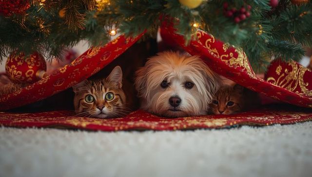 Adorable pets under christmas tree embracing holiday spirit