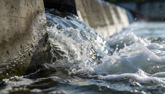 Cascading spillway water flowing with foam, sunlight reflections and textured ripples
