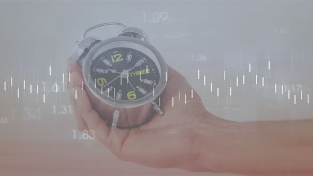 Shows digital animation of data charts over hand holding clock, symbolizing connection between time management and data analysis. Useful for business and technology illustrative videos, educational content about finance, presentations on global business strategies or digital analytics.