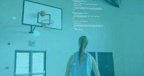Female basketball player watching ball approaching hoop with digital code overlay