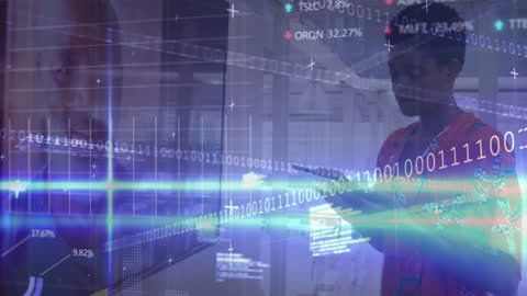 Businesswoman Analyzing Data with Futuristic Digital Display Overlay