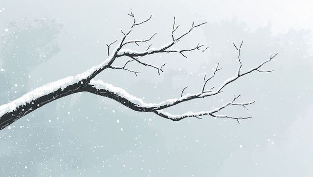 Snow-covered bare branch stretching across muted winter sky with falling snow