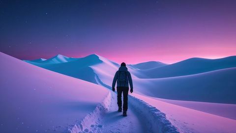 Solitary hiker on snow path at dusk in stunning winter landscape