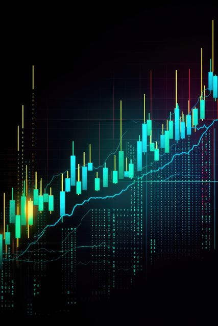 Colorful financial bar graph with a dark background, showcasing growth and investment data. Perfect for use in financial reports, economic forecasts, stock market presentations, trading dashboards, and business analytics materials. The vibrant colors and clear data visualization make it an ideal tool for representing financial growth and market trends.