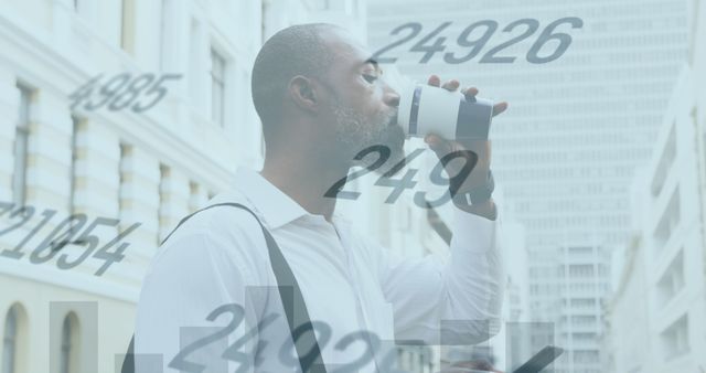 Image of graphs and changing numbers, senior african man using cellphone while drinking coffee. Digital composite, retirement, report, business, growth, beverage and technology concept.