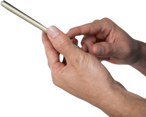 Transparent hands holding smartphone isolated on white background