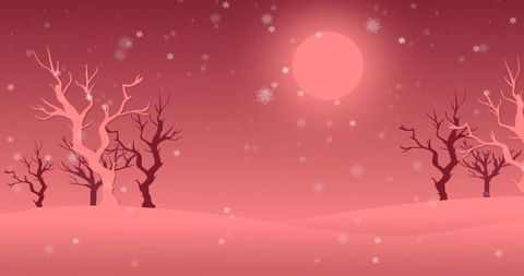 Falling Snowflakes over Winter Landscape in Pink Glow