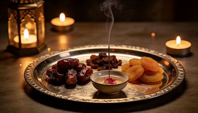 Ramadan iftar tray with dates dried apricots burning incense lantern candlelight rose petal