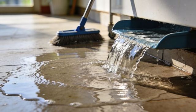 Appliance drip tray overflowing causing water puddle on tiled floor with broom cleanup