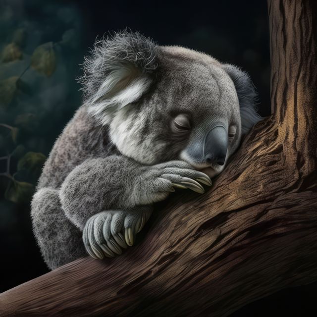 This image features a sleeping koala curled up on a tree branch, creating a serene nighttime scene. Ideal for illustrating wildlife, nature conservation themes, educational content about animals, or for use in calming and peaceful ambiance projects like relaxation materials.