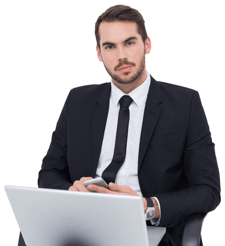 Confident Businessman Wearing Black Suit Working on Laptop with Smartphone Transparent - Download Free Stock Videos Pikwizard.com