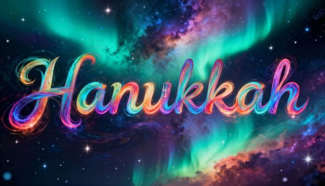 Glowing hanukkah script celebrating festival with neon aurora, starry nebula and sparkle