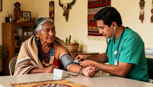 Indigenous elder receiving blood pressure check by nurse in home clinic wearing woven shawl