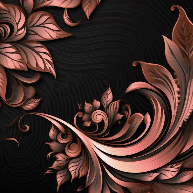 This image depicts an elegant bronze floral pattern against a black background. Intricately detailed, the design showcases swirls and leaves, creating a sophisticated and luxurious feel. Ideal for use in contemporary art projects, invitations, decorative prints, crafting, and design inspirations where a touch of elegance and sophistication is desired.