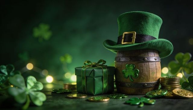 Celebrating St Patrick's Day with Green Top Hat on Barrel, Gift Box and Gold Coins