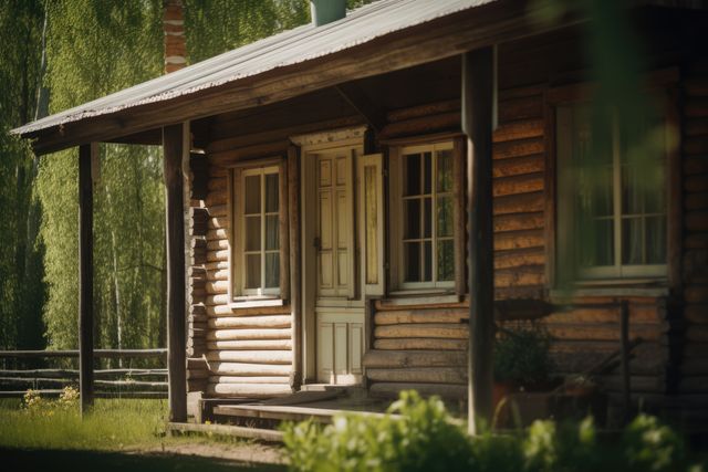 Rustic wooden cabin presents tranquil environment in natural settings, great for articles on countryside living, retreats, and simplicity. Useful for real estate featuring vacation homes or secluded getaways.