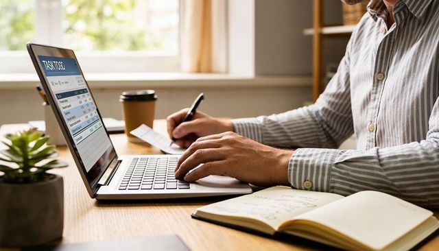 Remote worker typing on laptop with spreadsheet and notebook at bright home desk