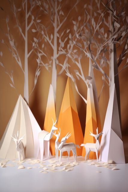 Artistic paper crafted deer and trees in a stylized forest scene showcasing creativity and natural beauty. Perfect for illustrating concepts of craftsmanship, artistic talent, nature-inspired designs, and seasonal projects. Ideal for use in art and craft tutorials, DIY inspiration boards, educational materials on storytelling and scene creation, and decor inspiration for art events.