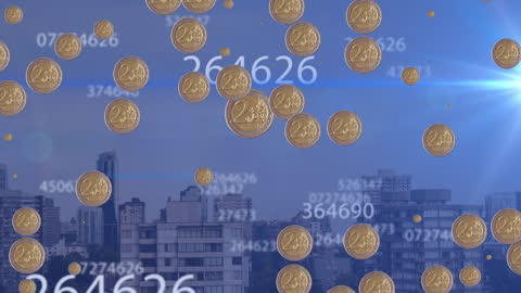 Digital Euro Coins Overlay and Cityscape Visualization
