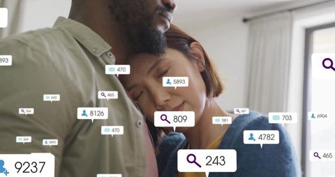 Couple embracing and resting with floating social media notification icons