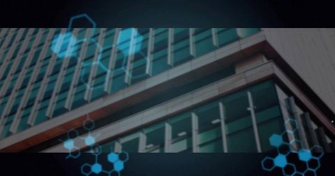 Modern Skyscraper with Futuristic Hexagon Overlay in Urban Landscape