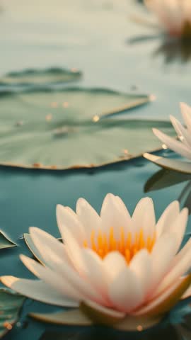 Vertical video: Pink water lily drifting on pond while camera panning upward to reveal lily pads