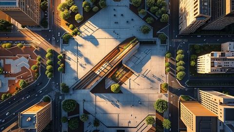 Modern geometric pavilion in central urban plaza