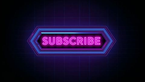 Glowing neon subscribe sign pulsing inside hexagonal synthwave frame retro cyberpunk