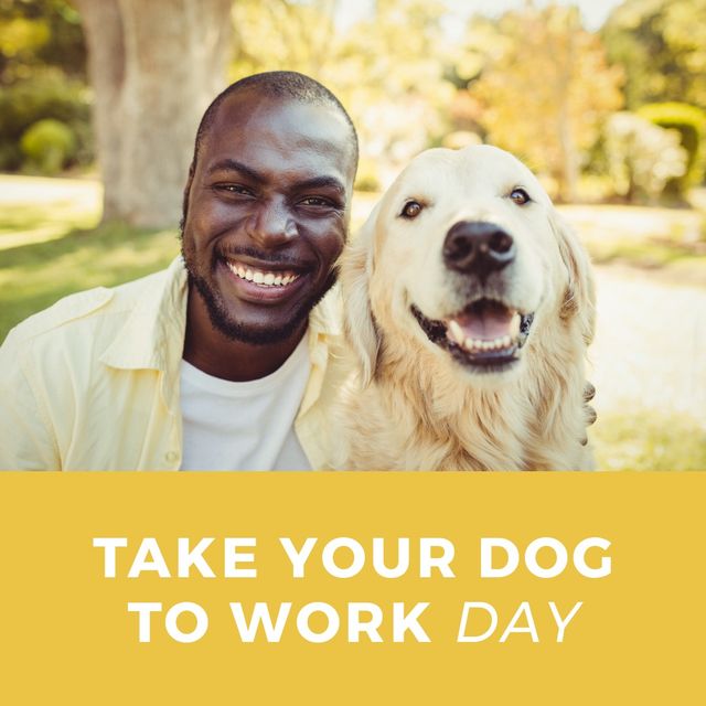 Portrait of cheerful african american man by golden retriever with take your dog to work day text - Download Free Stock Videos Pikwizard.com
