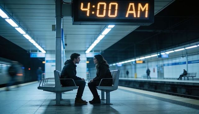 Couple Having Intimate Late-Night Conversation on Empty Metro Platform Beneath 4:00 AM Clock