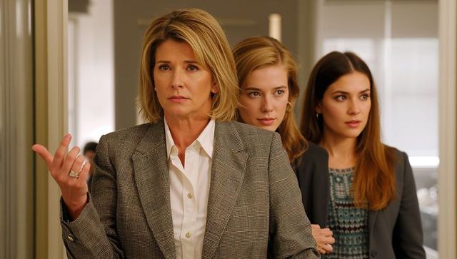 Female manager gesturing confidently leading professional team in corporate office meeting