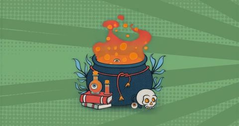 Fantasy Cauldron with Mystical Elements on Green Background