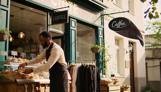 Male barista arranging fresh pastries at charming boutique street café with clothing rack