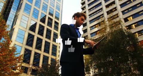 Executive tapping tablet generating social media like icons over urban plaza skyline
