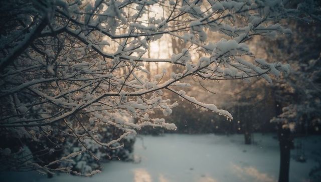 Snow-Covered Tree Branches with Sparkling Snow in Golden Light