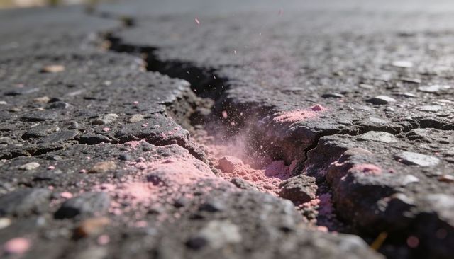 Emitting magenta dust from cracked asphalt fissure, macro texture of urban pavement