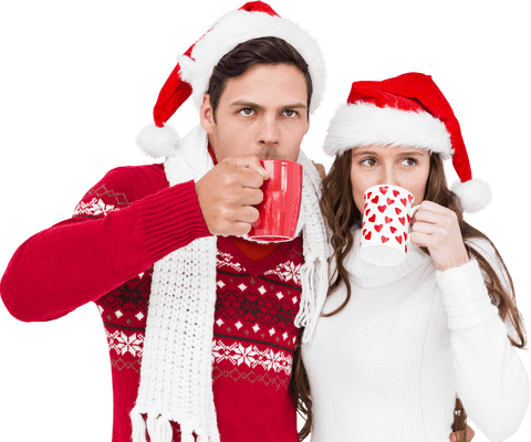 Couple in Santa Hats Enjoying Hot Beverages on Transparent Background