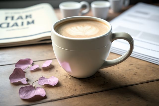 Cup of consistent latte with beautiful latte art, placed on wooden table, accompanied by pink petals and documents. Captures serene and calming atmosphere, perfect for content related to relaxation, self-care, coffee culture, and work-life balance.