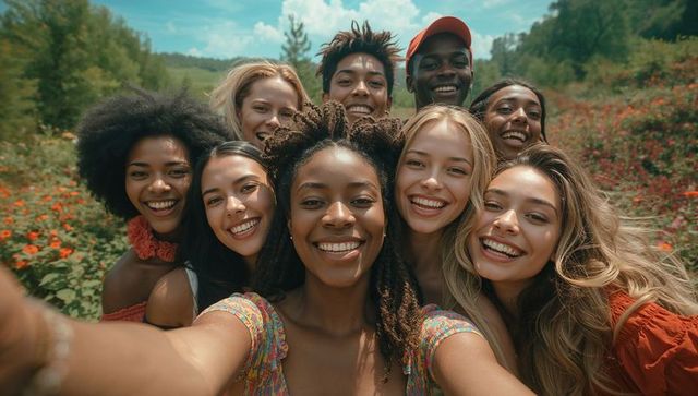 Diverse Group of Friends Smiling in Wildflower Meadow
