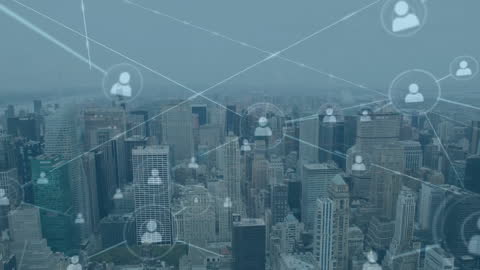 Digital Network Overlay on Cityscape Skyline with Icons