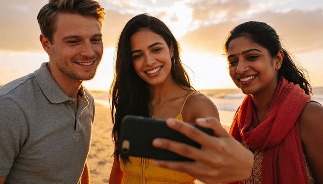 Smiling friends taking sunset selfie on sandy beach during golden hour